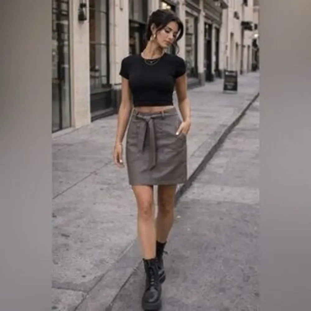 Wishlist Vegan Leather Mini Skirt Tie Waist Taupe Edgy Y2K Pockets Sz M